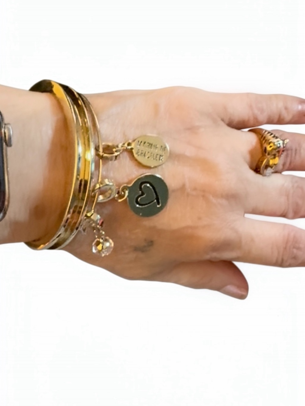 Gold Charm Bangle Bracelet with Heart Pendant